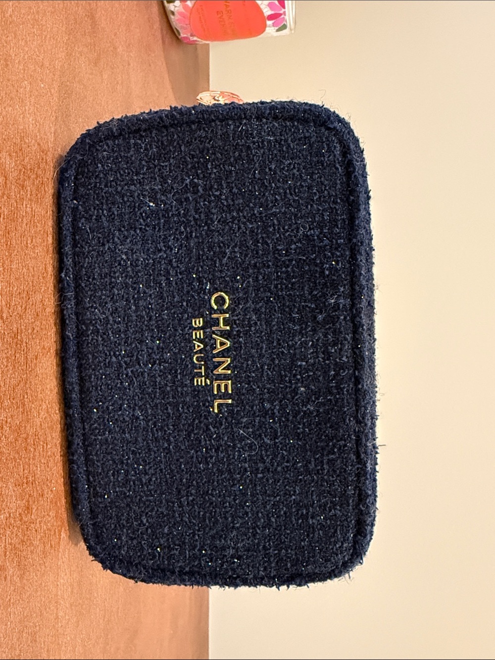 CHANEL Tweed Cosmetic Pouch with Gold Logo
